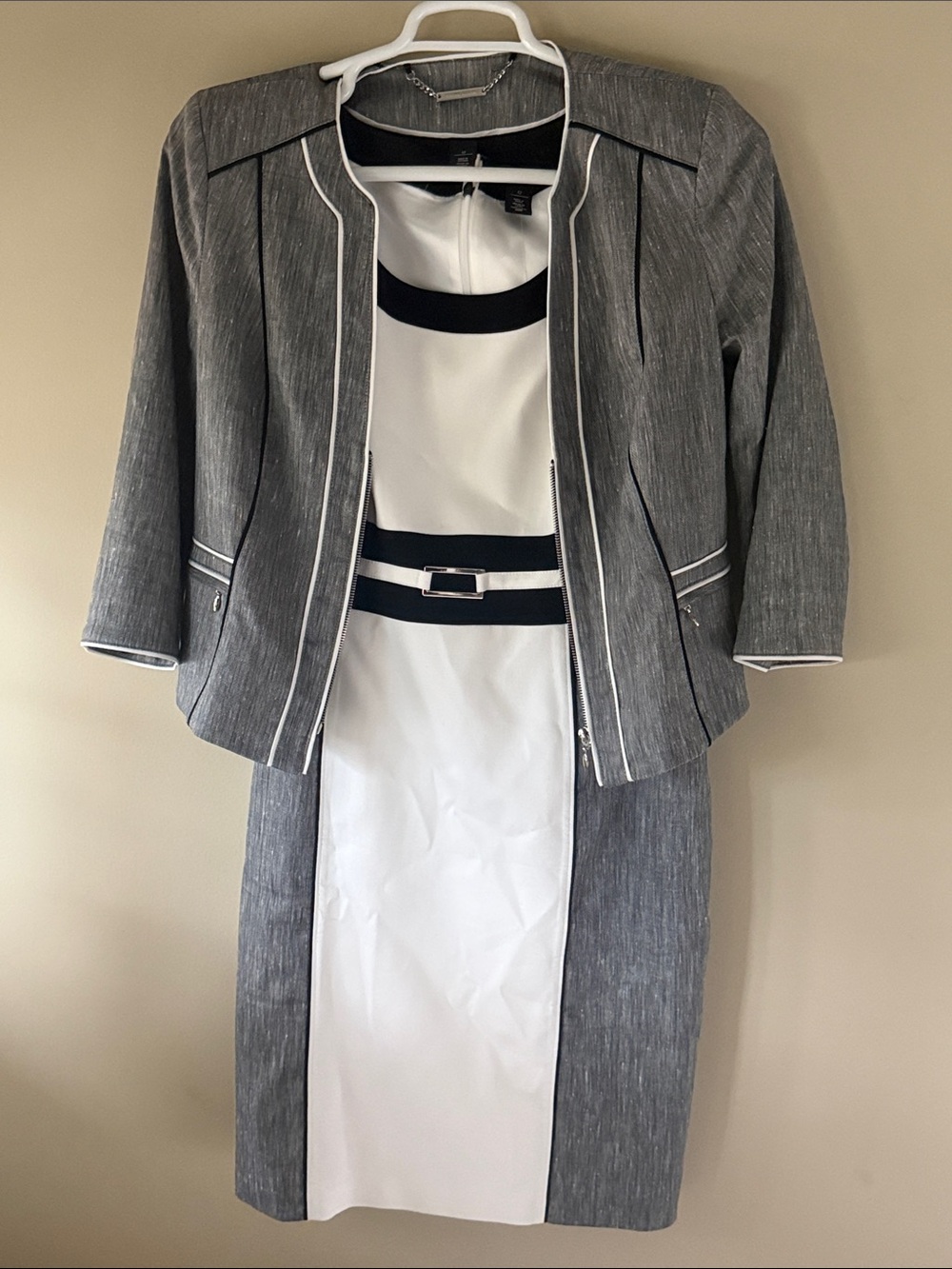 WHBM NWOT Gray and White Two-Tone sleeveless dress with matching crop jacket
